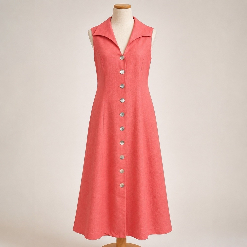 Coldwater Creek Linen Blend Maxi Dress Sz 10 Coral Pink Button Front Coastal